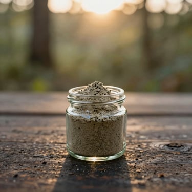 Clean studio photo of a small glass jar containing grey rapé powder on a rustic dark wood surface, warm golden-hour natural light, soft depth of field