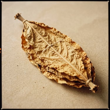 Clean studio photo of dried organic tobacco leaves neatly tied with a fiber cord on a sandy background, warm golden light, 35mm film look
