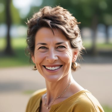 Portrait of a smiling woman in her 40s enjoying a healthy meal outdoors.