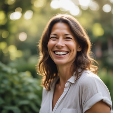 Happy woman in her late 30s preparing fresh vegetables in a bright kitchen.