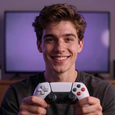 A close-up of a young man smiling while holding a game controller. Behind him, the glow of a TV screen casts muted slate purple light on his face.