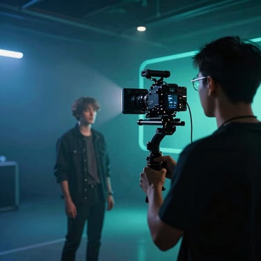 Behind the scenes photo of a camera operator on a gimbal filming an artist, moody blue and teal stage lighting