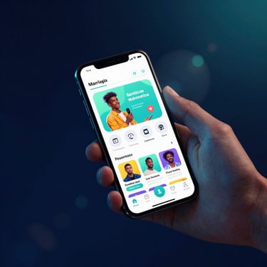 Dynamic social media ad frame, hands holding a smartphone showing a vibrant app interface, neon studio glow