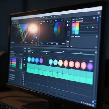 Close-up of a professional video editing suite monitor showing timeline tracks, glowing color wheels, dark room