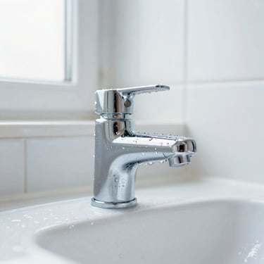 Close-up of a sparkling clean chrome bathroom fixture with water droplets, bright daylight, shallow depth of field, pristine white tile background