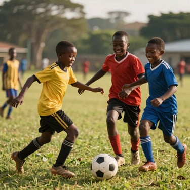 Candid shot of happy children playing soccer on a grassy field in Kampala, laughing and holding hands under afternoon sun.