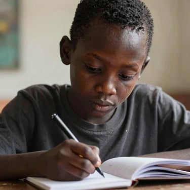 Close-up portrait of a young Ugandan boy writing carefully in a notebook, soft natural light, focused expression.