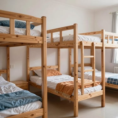 Medium shot of clean, orderly wooden bunk beds in a bright, safe boarding dormitory with colorful blankets.