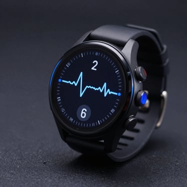 Macro shot of a black sports smartwatch showing heart rate data, cool blue ambient light, sharp focus, 85mm lens