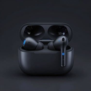 Crisp product photography of matte black wireless earbuds, cool studio lighting, electric blue accents, sharp focus, 85mm lens