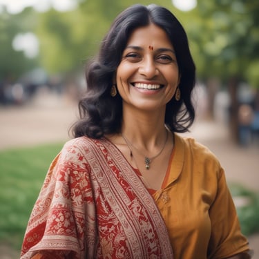 a middle aged indian woman smiling