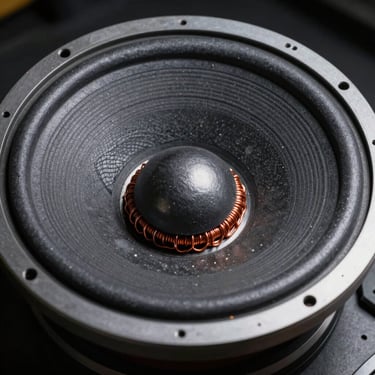 Macro cross-section of a heavy-duty woofer, highlighting the thick magnet structure and copper voice coil under high-contrast industrial lighting.