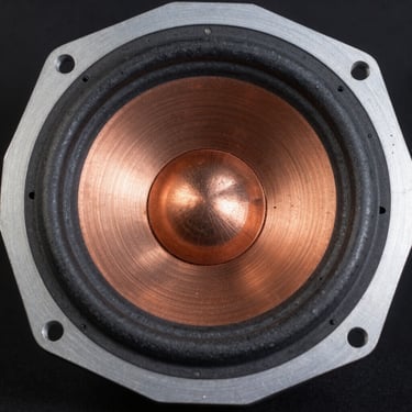 Macro close-up of a heavy-duty 18-inch subwoofer magnet assembly and die-cast aluminum frame, copper highlights reflecting off metallic surfaces