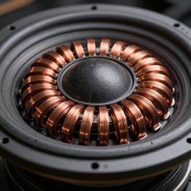 Macro close-up of a 21-inch ultra-subwoofer voice coil assembly with raw copper windings, high-contrast industrial lighting