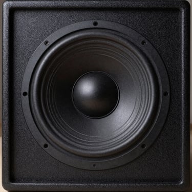 A clean, front-facing close-up of a finished commercial loudspeaker cabinet, showcasing the robust grille and precision-aligned driver assembly.