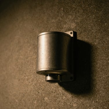 Extreme close-up of a cylindrical surface-mounted exterior projector, raw milled aluminum finish, weathered texture.