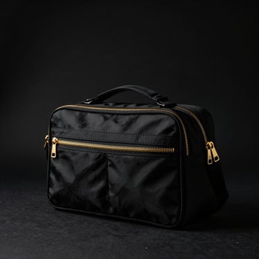 Ultra-premium black utility bag with gold zippers, high contrast studio lighting, 35mm