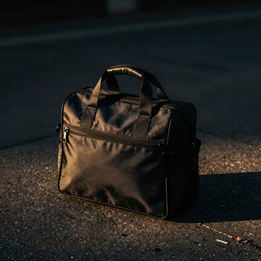 Sleek black lunch bag on a dark concrete surface, golden hour side-lighting, high contrast, 35mm