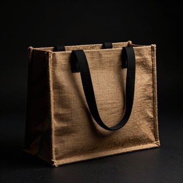 Minimalist black and golden-brown jute blend bag, clean studio low-key lighting, high contrast, 35mm