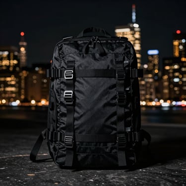Black tactical travel backpack against a moody city skyline at night, neon highlights, high contrast, 35mm