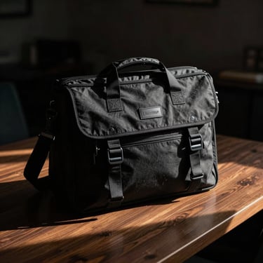 Premium black office messenger bag resting on a dark wooden desk, sharp shadows, high contrast, 35mm
