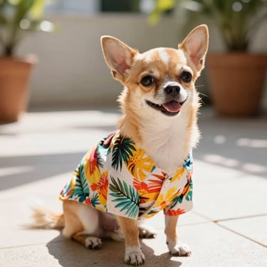 A happy small chihuahua wearing a colorful tropical Hawaiian shirt, sitting on a sunny patio, bright natural daylight, warm tones.