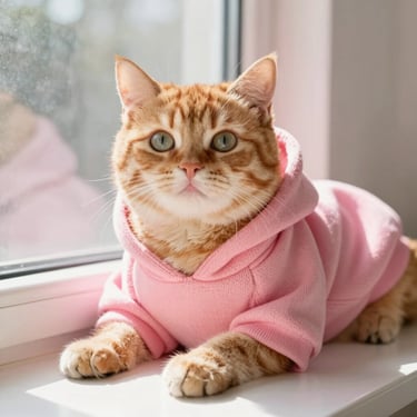A fluffy ginger cat wearing a cozy pink knitted hoodie, lounging near a bright window, soft focus, cheerful mood.