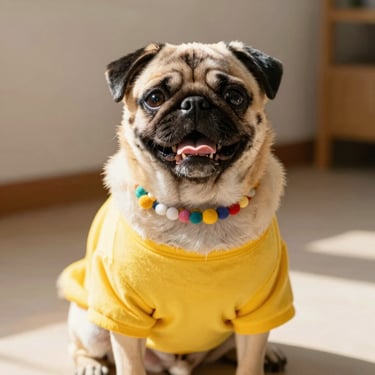 A playful pug wearing a vibrant yellow t-shirt with a handmade collar, looking at the camera, joyful expression, daylight.