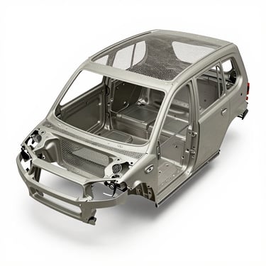 Overhead 45-degree studio render of a compact utility vehicle body shell, isolated on white, neutral daylight-balanced lighting, clean mesh lines visible