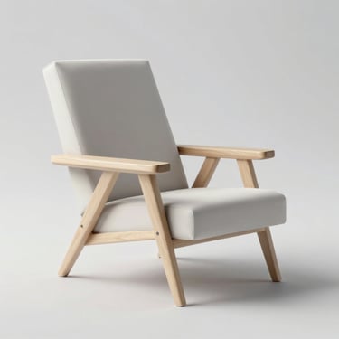 45-degree studio render of a low-poly lounge chair with clean geometry, isolated on light gray, soft diffuse studio lighting, no dramatic shadows