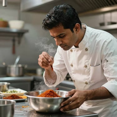 A South Asian / Indian chef in a high-end restaurant kitchen, smelling the aroma of spices in a stainless steel bowl. The environment is professional and clean, with a focus on sensory quality.