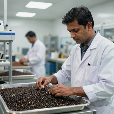 A South Asian / Indian quality control expert in a clean, modern facility inspecting a tray of sun-dried black pepper. The lighting is professional and bright, focusing on the texture of the spice and the expert's attentive posture.