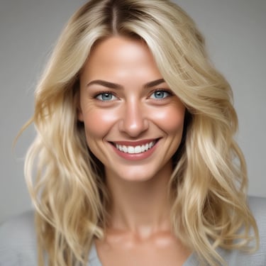 Close-up of a smiling woman with glowing skin in natural light