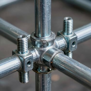 Close-up macro shot of heavy-duty steel scaffolding couplers and threaded jack bases, sharp focus on metallic zinc-plated threads, cool industrial lighting, 1:1 square aspect