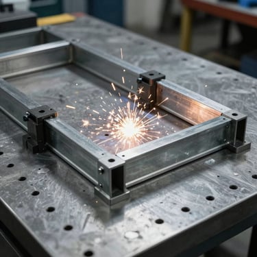 Precision 3D welding table with grid holes and clamping fixtures holding a heavy steel frame, clean workspace, cool metallic tones, sharp focus, 1:1 square aspect
