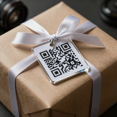 A beautifully wrapped personalized gift box featuring a custom acrylic QR tag attached to the ribbon.