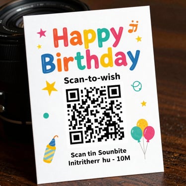 A vibrant, colorful birthday invitation card with playful typography and a scan-to-wish QR code.