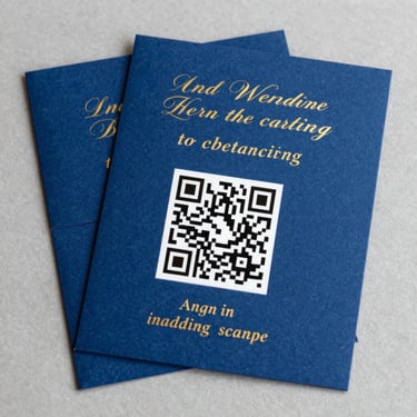 An elegant royal blue wedding invitation card with gold foil accents and a beautiful, integrated QR code.