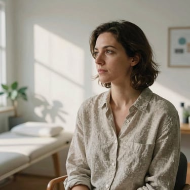 Unposed portrait of a professional female therapist in a neutral linen shirt, looking thoughtful in a sunlit treatment room, dappled window shadows, 35mm photography