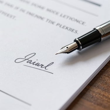 Tight macro-level detail of a signed corporate document on heavy cotton paper, a classic black fountain pen resting on the margin, sharp directional office lighting.