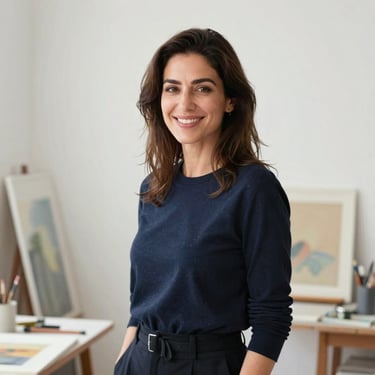 Professional portrait of female artisan Sibel Şen Köymen in a bright, clean art studio, smiling warmly, soft side-lighting, 35mm editorial photography