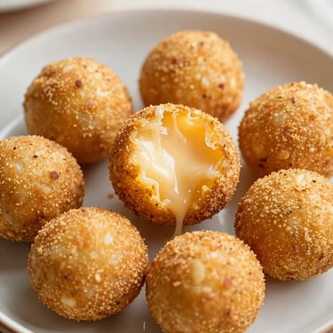 Crispy cheese balls piled on a ceramic plate, melting cheese pull
