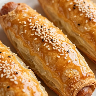 Baked sausage roll with golden pastry glaze, sesame seeds