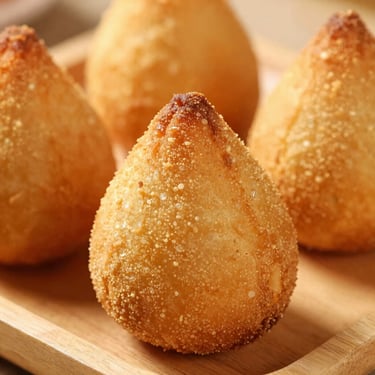 Close-up of a golden-brown coxinha on a wooden platter, perfect crust