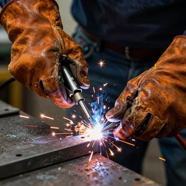 Primer plano de manos protegidas por guantes de cuero realizando una soldadura de arco, chispas brillantes de color naranja saliendo del metal bajo luz directa de taller.