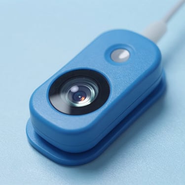 Macro product photograph of a compact clinical clip-on telemetry device, showing its optical sensor lens and secure mounting bracket, high-contrast clinical blue tones, sharp focus, sterile studio lighting.