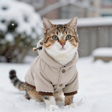 gato atigrado con un pequeño abrigo beige, posando en la nieve