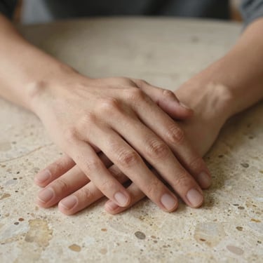 Macro close-up of two hands gently resting near each other on a rough-hewn travertine table, soft morning light, warm bone tones.
