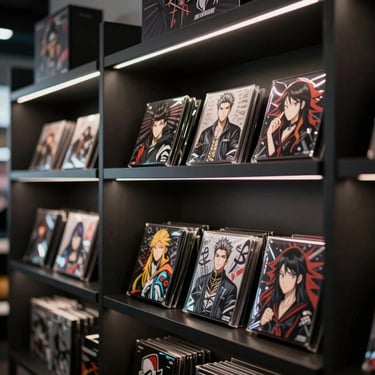 A sleek, dark retail shelf displaying custom fandom merchandise under cold directional LED lighting