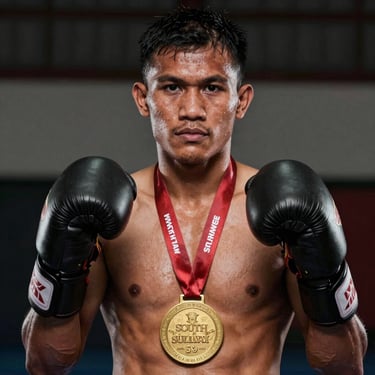 Dignified portrait of a champion kickboxer from South Sulawesi wearing a gold medal, intense expression, low-key lighting